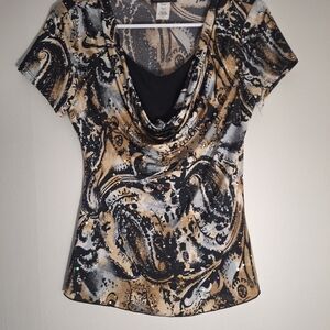 Brittany Black Cowl Neck Abstract Print Top - Black & Gold